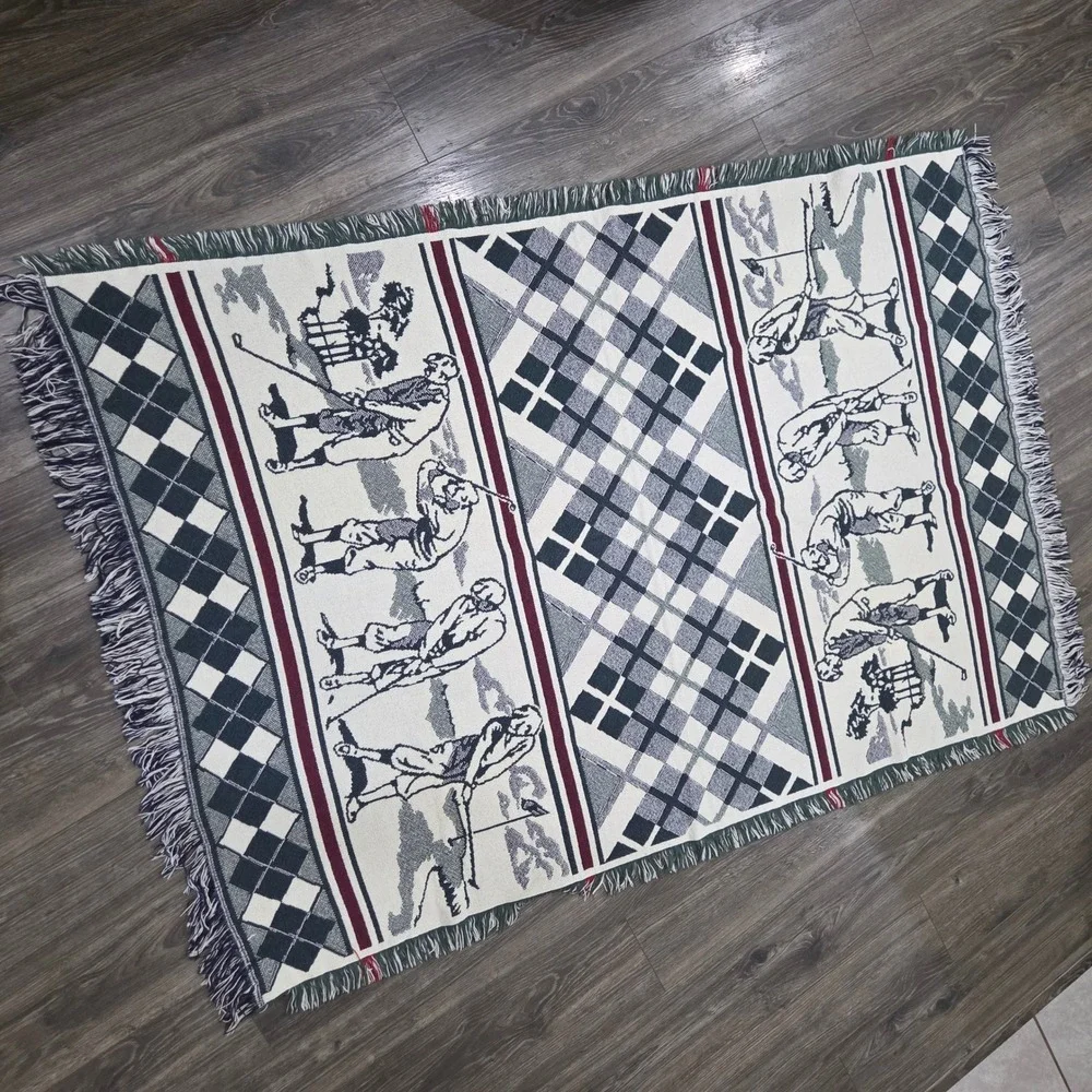 Vintage Golf Tapestry Throw Blanket Argyle Woven‎ Fringe Excellent Country Club